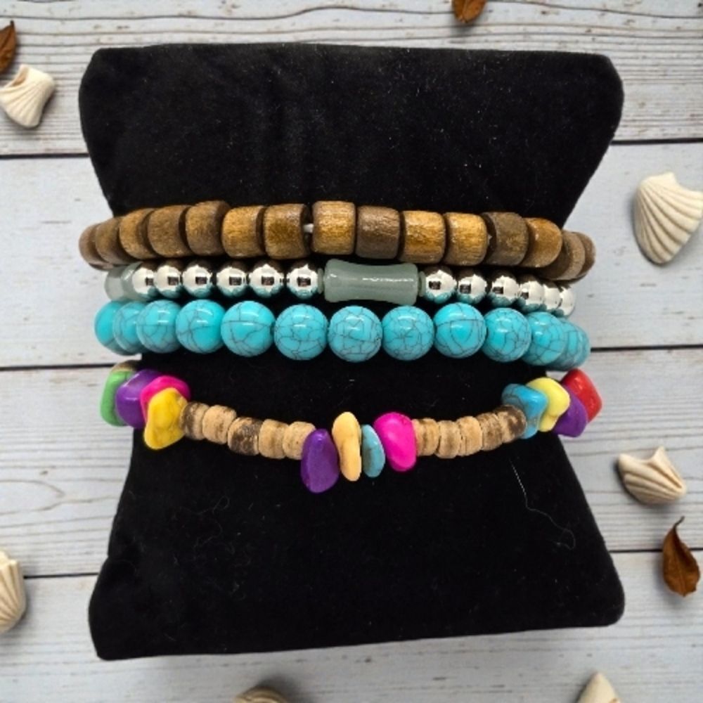 Boho Beaded Stacked Bracelets Set 4 Stretch Wooden Turquoise Silver Colorful NWT